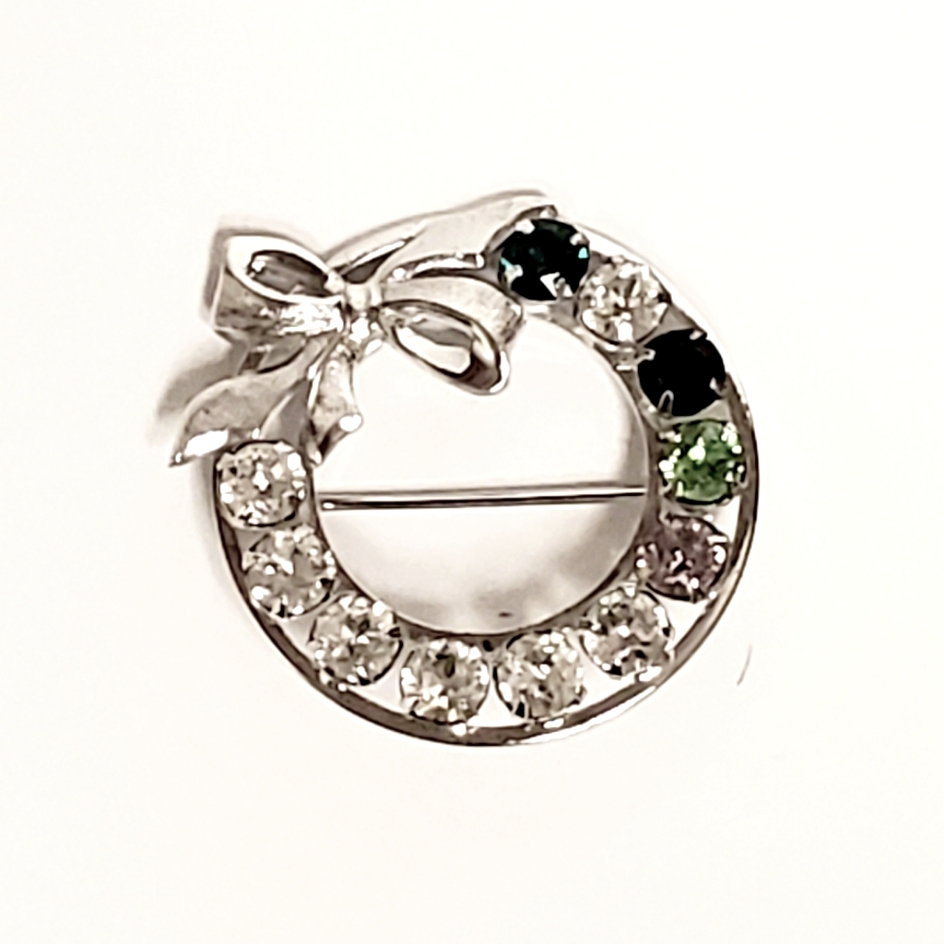 Vintage Sterling Silver Multicolor Rhinestone Bow Wreath Brooch Pin.